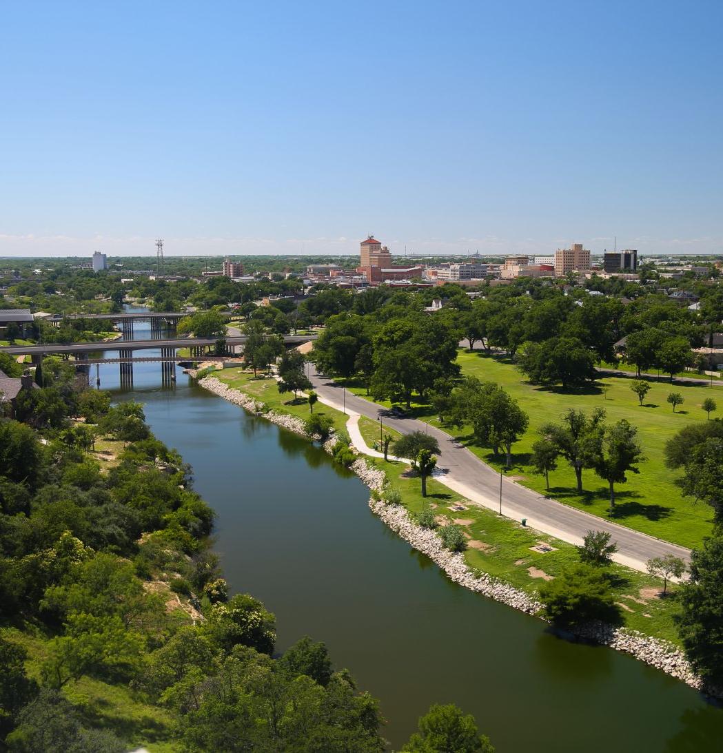 overhead view of the Concho River and City of San Angelo skyline