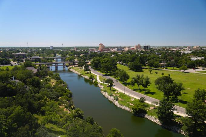 overhead view of the Concho River and City of San Angelo skyline